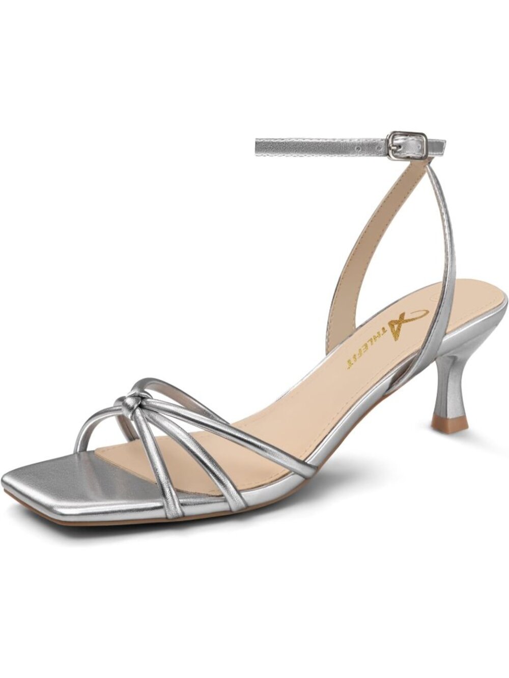 Women's Silver Kitten Heels Square Toe Strappy Heeled Sandals PU Leather Heels